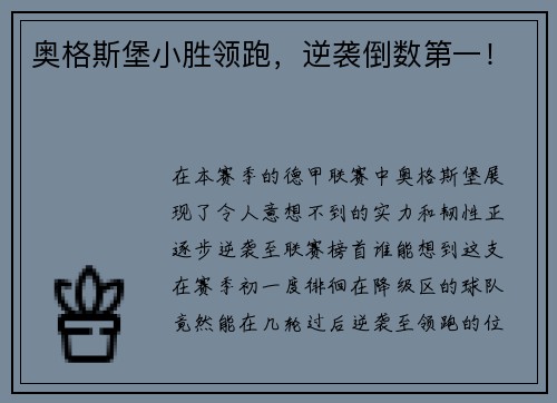 奥格斯堡小胜领跑，逆袭倒数第一！