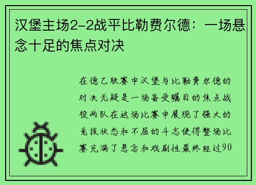 汉堡主场2-2战平比勒费尔德:一场悬念十足的焦点对决