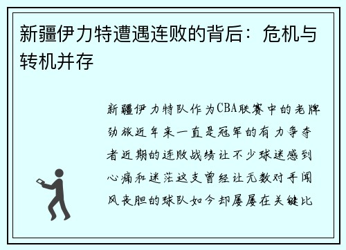 新疆伊力特遭遇连败的背后:危机与转机并存