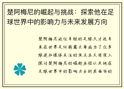 楚阿梅尼的崛起与挑战：探索他在足球世界中的影响力与未来发展方向