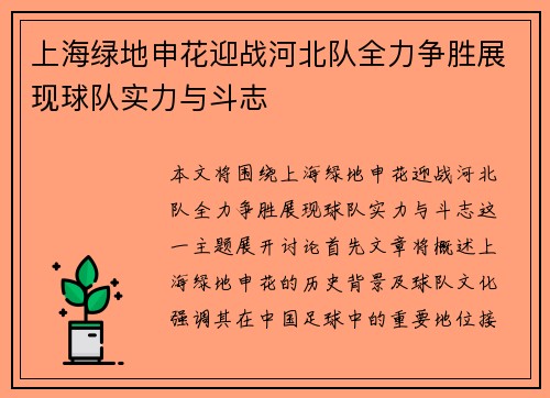 上海绿地申花迎战河北队全力争胜展现球队实力与斗志
