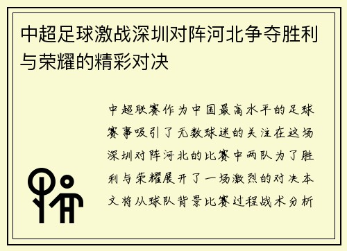 中超足球激战深圳对阵河北争夺胜利与荣耀的精彩对决