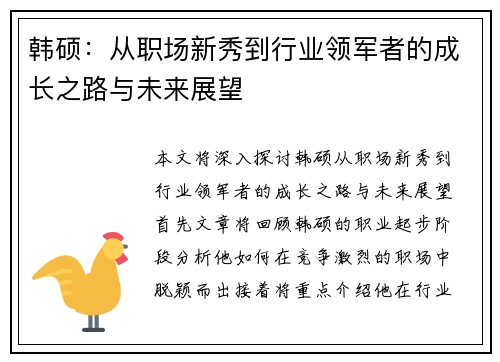 韩硕：从职场新秀到行业领军者的成长之路与未来展望