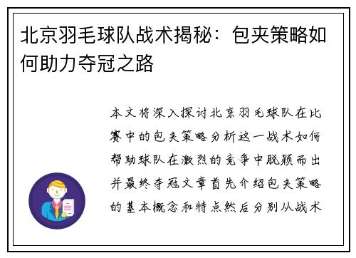 北京羽毛球队战术揭秘：包夹策略如何助力夺冠之路